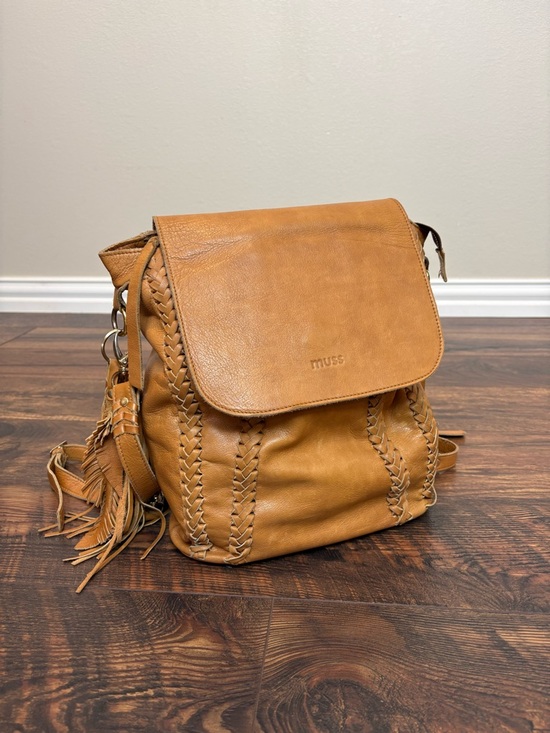 Muss Handbags - MUSS Tan Leather Convertible Backpack - Woven Detail Feather Tassel
